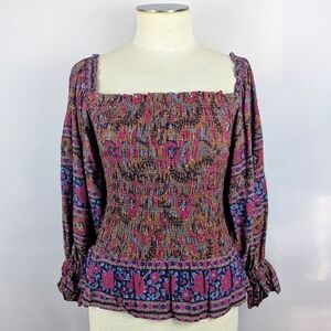 Haute Hippie Style Top Blouse Smocked Bodice Long Sleeve Floral Multicolor S NWT